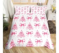 Manfei Pink Bowknot Kids Duvet Cover Set Double Size,Christmas Trees Pine Bow Tie Toddler Bedding Set,Girls Women Room Decor,Merry Christmas Happy New Year Xmas Quilt Cover,2 Pillowcases(No Comforter)