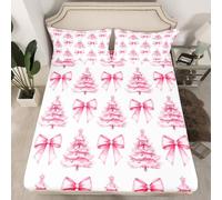 Manfei Pink Bowknot Kids Fitted Sheet Double Size,Christmas Trees Pine Bow Tie Toddler Bedding Set,Girls Women Room Decor,Merry Christmas Happy New Year Xmas Bedding,2 Pillowcases