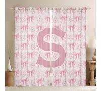 Manfei Pink Bowknot Window Curtains 2 Panels 66Wx72L Cherry Blossom Sketch Floral Window Drapes for Kids Girls Women Initial Letter S Pink Curtains for Living Room