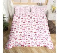 Manfei Pink Bows Duvet Cover Set King Size, Red Cherry Bow Bedding Set 3pcs, Fashion Bowknot Comforter Cover, Kids Girls Princess Room Decor, Lightweight Bedspread Cover, 2 Pillowcases, No Comforter