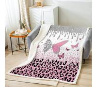 Manfei Pink Butterfly Throw Blanket Silver Glitter Bed Blanket for Kids Girls Adult Room Decor, Pink Leopard Print Blanket for Couch Sofa, Soft and Breathable Fleece Blanket(90 x 90 Inches)