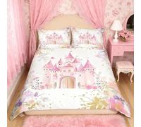 Manfei Pink Castle Kid Duvet Cover Set Double Size, Watercolor Flower Bedding Set for Girl Princess Bedroom Decor, Fairy Tale Garden Floral Comforter Cover, Soft Polyester Quilt Cover, 2 Pillowcases