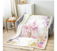 Manfei Pink Castle Kids Throw Blanket Watercolor Flower Bed Blanket for Girls Princess Adults, Fairy Tale Garden Floral Blanket for Couch Sofa, Soft and Breathable Fleece Blanket(60 x 80 Inches)
