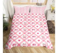 Manfei Pink Grid Bows Duvet Cover Set Double Size, Cute Hearts Cherry Bedding Set 3pcs, Kawaii Bowknot Comforter Cover, Kids Girls Room Decor, Soft Polyester Quilt Cover, 2 Pillowcases, No Comforter