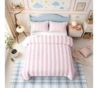 Manfei Pink White Stripes Quilted Bedspread Set,Striped Microfiber Lightweight,Classic Vertical Stripe King Quilt Sets for All Season,Modern Geometric Minimalist 3Pcs with 2 Pillow Shams