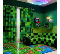 Manfei Pixel Grid Miners Blackout Curtains,Geometric Grid Patchwork Pixelated Window Drapes,Cartoon Gamepad Video Games Nursery Bedroom Playroom Decor,Cyan Green 2 Panels,66Wx90L inch