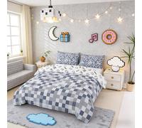 Manfei Pixel Grid Style Duvet Cover Set Double Size,Modern Aesthetic Bedding Set for Kids Teens Bedroom Decor,Geometric Grid Video Games Comforter Cover,Grey 2 Pcs Bedding Collection,No Filler