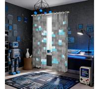Manfei Pixelated Blocks Miners Kids Window Curtains,Video Games Game Gamepad Window Drapes,Geometric Grid Patchwork Boys Girls Room Decor,Gray Blue 2 Panels,38Wx54L inch