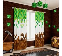 Manfei Pixelated Curtains for Bedroom Livingroom 66Wx90L,Geometric Patchwork Grid Windows Drapes Block 30%-50% Light,Games Miners Window Treatment,Brown Green Room Decoration,2 Panels