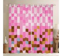 Manfei Pixelated Grid Curtains for Living Room,Games Gamepad Miners Window Drapes Bedroom Blackout 30%-50%,Geometric Grid Square Pink Blocks Window Treatment Grommet Top 2 Panels Decor,46Wx54L