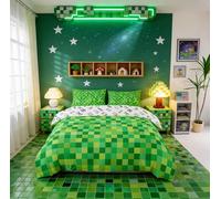 Manfei Pixelated Grid Duvet Cover Set Double Size,Miners Lattice Games Bedding Set for Kids Teens Bedroom Decor,Geometric Square Blocks Comforter Cover,Green 2 Pcs Bedding Collection,No Filler