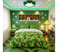 Manfei Pixelated Grid Kids Duvet Cover Set Single Size,Geometric Camo Blocks Bedding Set for Boys Girls Room Decor,Miners Gamepad Games Quilt Covers,Green Brown Comforter Cover,1 Pillowcase,No Filler