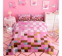 Manfei Pixelated Grid Single Size Comforter Set,Games Gamepad Miners Quilt Set Soft Bed Collection,Geometric Grid Square Pink Blocks Bedding Comforter for Boys Girls Bedroom Decor,2 Pcs
