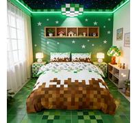 Manfei Pixelated Kids Duvet Cover Set Single Size,Geometric Patchwork Grid Bedding Set for Boys Girls Room Decor,Games Miners Quilt Covers,Brown Green Comforter Cover,1 Pillowcase,No Filler