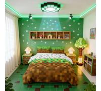 Manfei Pixelated Kids Duvet Cover Set Single Size,Video Games Gamepad Miners Bedding Set for Boys Girls Room Decor,Geometric Grid Quilt Covers,Brown Green Comforter Cover,1 Pillowcase,No Filler