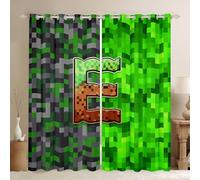 Manfei Pixelated Letter E Window Curtains Green Grey Brown Grid Window Drapes,Miners Style Games Window Treatments,Kids Boys Girls Room Decor,Grommet Top 2 Panel Set Bedroom Curtains, 66Wx90L inch