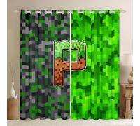 Manfei Pixelated Letter P Window Curtains Miners Style Games Window Drapes,Green Grey Brown Grid Window Treatments,Kids Boys Girls Room Decor,Grommet Top 2 Panel Set Bedroom Curtains, 46Wx54L inch