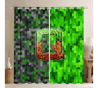 Manfei Pixelated Letter Q Window Curtains Green Grey Brown Grid Window Drapes,Miners Style Games Window Treatments,Kids Boys Girls Room Decor,Grommet Top 2 Panel Set Bedroom Curtains, 66Wx90L inch