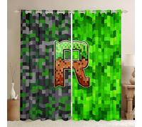 Manfei Pixelated Letter R Window Curtains Miners Style Games Window Drapes,Green Grey Brown Grid Window Treatments,Kids Boys Girls Room Decor,Grommet Top 2 Panel Set Bedroom Curtains, 66Wx90L inch