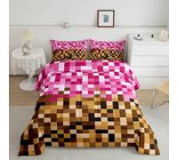 Manfei Pixelated Miners Comforter Set Twin Size,Pink Brown Grid Patchwork Bedding Set 2pcs,Geometric Video Games Down Comforter for All Season,Kids Boys Girls Room Decor,1 Pillowcase,No Sheets