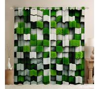 Manfei Pixelated Miners Game Blackout Curtains,Video Games Cartoon Gamepad Window Drapes,Modern Geometric Check Nursery Bedroom Playroom Decor,Green White 2 Panels,66Wx72L inch