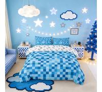Manfei Pixelated Miners Game Duvet Cover Set Double Size,Geometric Check Video Games Bedding Set for Kids Teens Bedroom Decor,Gamepad Camo Grid Comforter Cover,Blue 2 Pcs Bedding Collection,No Filler