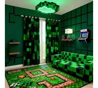 Manfei Pixelated Miners Game Window Drapes,Geometric Check Video Games Blackout Curtain,Gamepad Camo Grid Boys Girls Room Decor,Black Green 2 Panels,46Wx72L inch