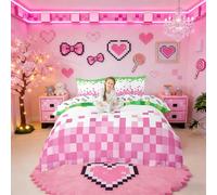 Manfei Pixelated Style Duvet Cover Set Double Size,Geometric Camouflage Grid Bedding Set for Kids Teens Bedroom Decor,Video Games Comforter Cover,Pink Green 2 Pcs Bedding Collection,No Filler