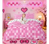 Manfei Pixelated Style Kids Duvet Cover Set Single Size,Geometric Square Grid Bedding Set for Boys Girls Room Decor,Video Games Miners Quilt Covers,Pink Comforter Cover,1 Pillowcase,No Filler