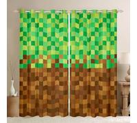 Manfei Pixelated Window Curtain Set of 2 Panels,Video Games Gamepad Miners Curtains,Geometric Grid Window Drapes for Kids Boys Room Decor,Brown Green 66Wx72L Inches