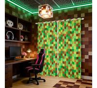 Manfei Pixelated Window Drapes,Video Games Gamepad Miners Blackout Curtainss for Bedroom Decor,Geometric Grid Curtain of 2 Panels for Adults Teens,Brown Green 46Wx72L Inches