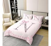 Manfei Princess Bow 100% Cotton Duvet Cover Set Twin Size,Pink Leopard Letter N Bedding Set 2pcs for All Season,Cute Cartoon Bowknot Quilt Cover,Kids Boys Girls Room Decor,1 Pillowcase,No Comforter