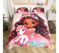 Manfei Princess Duvet Cover Set King Size, Cute Girl Unicorn Comforter Cover, Black Little Girl Floral Unicorn Bedding Set for Kids Bedroom Decor, American Style Girl Bedspread Cover, 2 Pillowcases