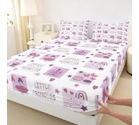 Manfei Princess Fitted Sheet King Size,Cartoon Castle Rainbow Butterfly Bedding Set 3pcs,Purple Grid Patchwork Bed Sheets with 2 Pillowcases,Kids Girls Room Decor,Soft Bedding(No Flat)