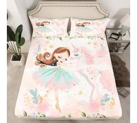 Manfei Princess Fitted Sheet Single Size, Kawaii Ballerina Girl and Unicorn Bedding Set for Kids, Watercolor Flower Print Bed Cover with 1 Pillowcase, Soft Polyester Bedding, No Top Sheet