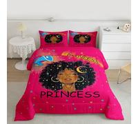 Manfei Princess Girl Comforter Set Double Size,Glitter Satrs Moon Princess Bedding Set 3pcs,African American Black Girl Down Comforter for All Season,Kids Boys Girls Room Decor,2 Pillowcases,No Sheets