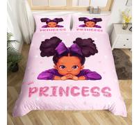 Manfei Princess Girls Duvet Cover Set Double Size, African American Black Girl Bedding Set for Kids Bedroom Decor, Cartoon Pink Crown Stars Comforter Cover, Soft Polyester Quilt Cover, 2 Pillowcases