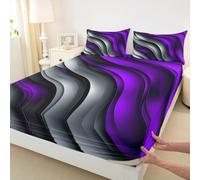 Manfei Purple and Grey Fitted Sheet King Size,Geometric Wavy Stripes Bedding Set 3pcs,Modern Abstract Bed Cover with 2 Pillowcases,Kids Boys Girls Room Decor,Soft Bedding(No Flat)
