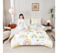 Manfei Rainbow Kids Comforter Set,Flowers and Sun Down Alternative Adults Room Decor,Cartoon Hand Drawn Style Ultra Soft Microfiber Inner Fill 3Pcs Bedding Queen Size
