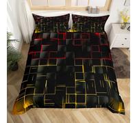 Manfei Red and Yellow Duvet Cover Set Single Size, Abstract Geometric Grid Bedding Set 2pcs for Kids Boys Room Decor, Black Square Lattice Comforter Cover Soft Polyester Quilt Cover with 1 Pillowcase