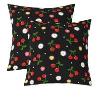 Manfei Red Cherry Throw Pillow Cover Cartoon Daisy Floral Double Sides Pillow Case for Kids Boys Girls Room Decor,Cute Fruits Flower Black Cushion Cover for Bed Couch Sofa,2 Pack 22"x22"