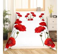 Manfei Red Flower Kids Duvet Cover Set Single Size, Poppy Flower Print Bedding Set for Boys Girls Room Decor, Botanical Floral Comforter Cover, Lightweight Bedspread Cover, 1 Pillowcase, No Comforter