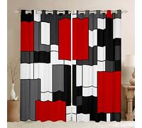 Manfei Red Geometric Window Curtains Black White Grey Square Window Drapes for Kids Girls Room Decor, Modern Abstract Window Treatments Grommet Top 2 Panel Set Bedroom Curtains, 46Wx54L inch