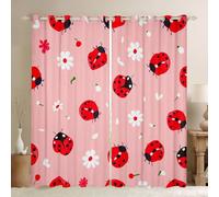 Manfei Red Ladybug Window Curtains White Daisy Flower Window Drapes,Cartoon Ladybird Pink Window Treatments,Kids Boys Girls Room Decor,Grommet Top 2 Panel Set Bedroom Curtains, 42Wx84L inch