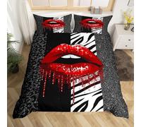 Manfei Red Lips Duvet Cover Set Double Size, Black Zebra Leopard Skin Glitter Comforter Cover with 2 Pillowcases, Animals Skin Bedding Set 3pcs for Kids Boys Bedroom Decor Lightweight Bedspread Cover