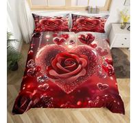 Manfei Red Rose Duvet Cover Set King Size, Romantic Hearts Print Bedding Set 3pcs, Valentine's Day Comforter Cover, Girls Lovers Room Decor, Soft Polyester Quilt Cover, 2 Pillowcases, No Comforter