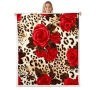 Manfei Red Rose Flower Throw Blanket Brown Leopard Print Fleece Blanket Wild Cheetah Skin Cozy Throws for Bed Couch Sofa,Kids Boys Girls Room Decor,Soft and Breathable(60 x 80 Inches)