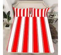 Manfei Red Stripe Fitted Sheet Double Size, Stripes Lines Patchwork Bedding Set 3pcs, Abstract Geometric White and Red Bed Cover with 2 Pillowcases, Kids Boys Girls Room Decor, No Top Sheet