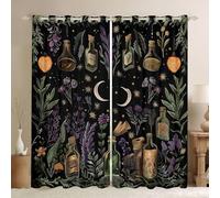 Manfei Retro Floral Window Curtains Magical Mysterious Style Window Drapes for Teens Adults Cartoon Moon Purple Green Plants Curtains for Living Room 2 Panels 46Wx54L