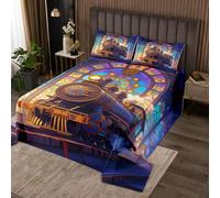 Manfei Retro Train Bedspread Double Size,Colored Pattern Coverlet Set 3pcs,Dreamy Romantic Quilted Coverlet with 2 Pillowcases,Kids Boys Room Decor,Soft Bedding Quilt